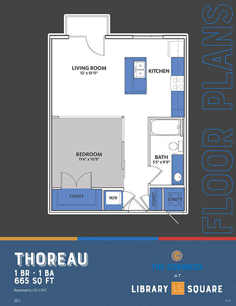 1 Bedroom 1 Bath Floor Plan, 665 Sq.Ft. at The Congress at Library Square, Indiana, 46204