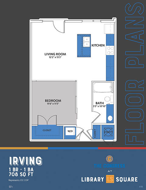 1 Bed 1 Bath Floor Plan, 708 Sq.Ft. at The Congress at Library Square, Indianapolis, Indiana