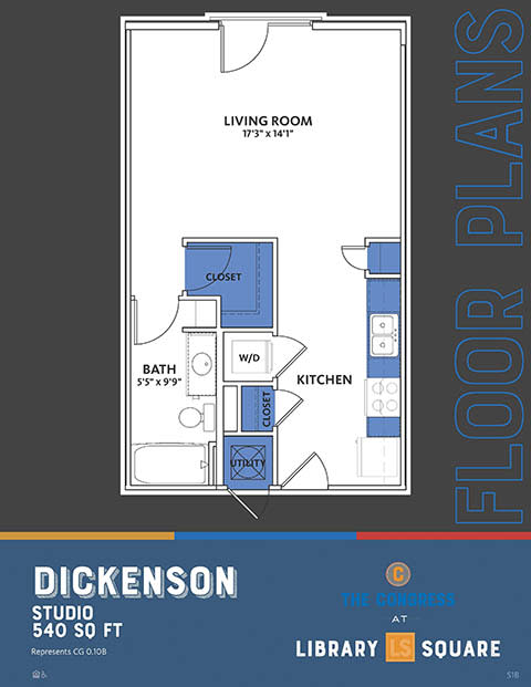 Studio Floor Plan at The Congress at Library Square, Indiana, 46204, 540 Sq.Ft.