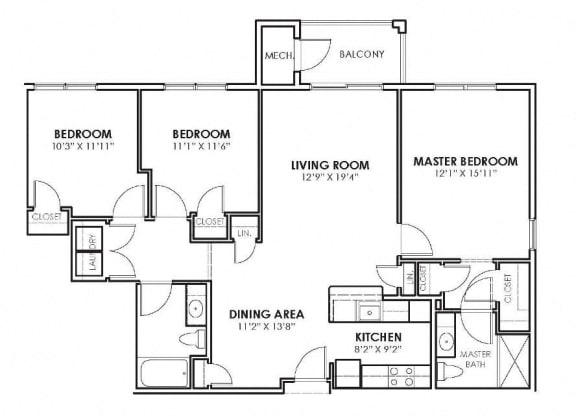 Three Bedroom Apartment Floorplan at The Heights Amesbury