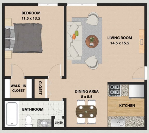 Floor Plan  Maple 1 Bedroom 1 Bathroom Floor Plan at The Meadows