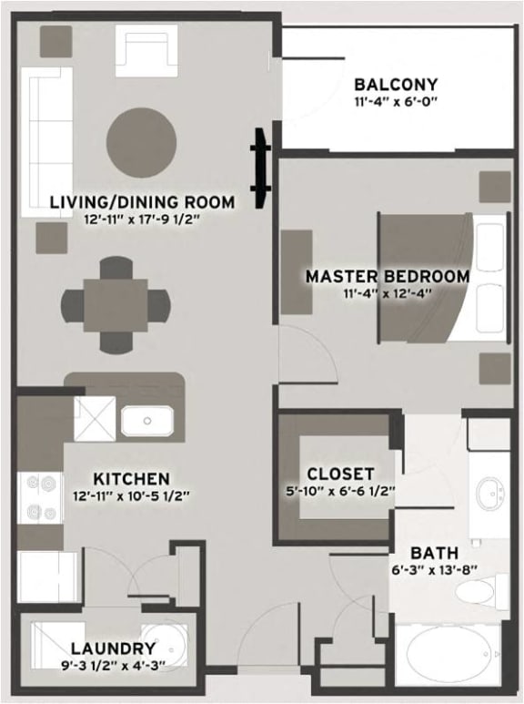 1 Bedroom 1 Bath Floor Plan at Residences at The Streets of St. Charles, St. Charles, MO