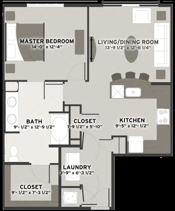 One bedroom One bathroom Floor Plan at Residences at The Streets of St. Charles, St. Charles, Missouri