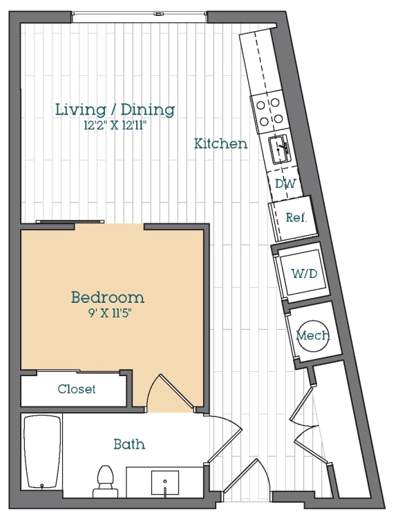  Floor Plan 1 Bed - 1 Bath | AJ1