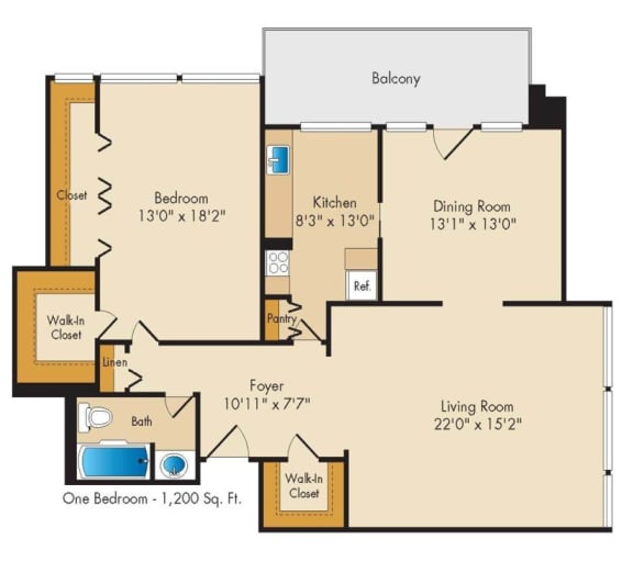 Floor Plan 1 Bedroom - 1 Bath | A02