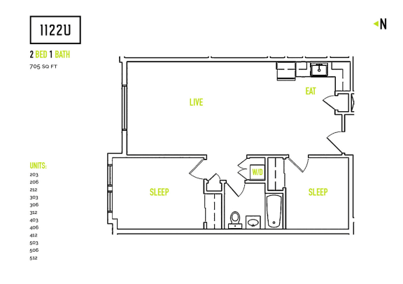 2 Bedroom Floorplan at 1122U Apartments in Berkeley