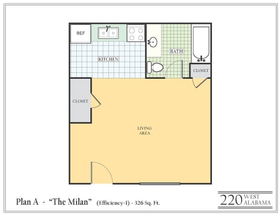 Floor Plan  Studio apartment featuring a full kitchen and bathroom approximately 326 square feet, Floorplan is an artist rendering and all dimensions are approximate, Actual units vary in dimension and detail. Not all features are available in every unit. Prices and availability are subject to change without notice. Please call a representative for details