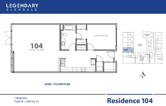 Legendary Glendale Floor Plan 104 Floor Plan 104 at Legendary Glendale Apartments, Luxury Apts in Glendale, California