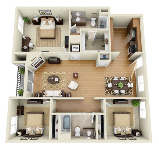 The Grand Plus Loft 3 Bedroom 2 Bath 3D Floor Plan at The Verandas, Canoga Park