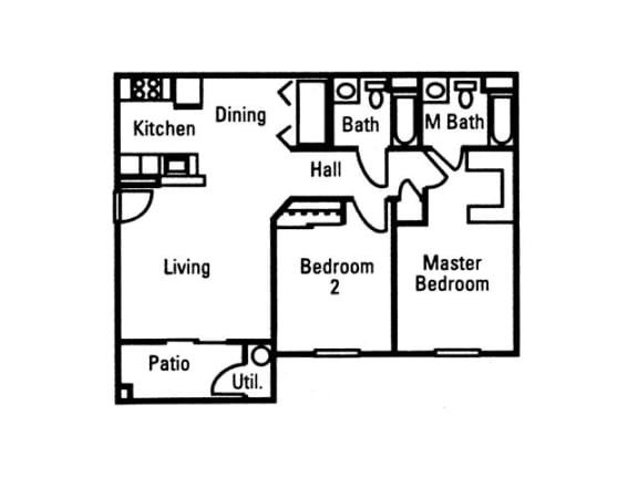 Floor Plan  2 Bedroom 2 Bath floor plan, 933 square feet with patio