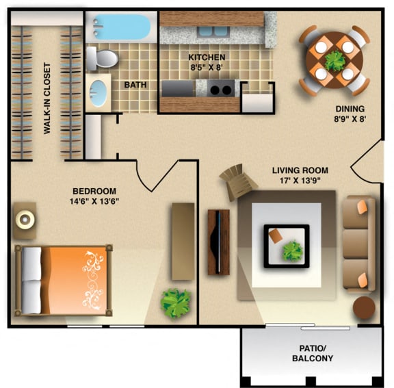 Floor Plan  One Bedroom - Small floor plan at Montecito West, Raleigh, 27609