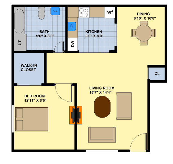 Floor Plan  One Bedroom (Downstairs Bldg. 1 &amp; 2)