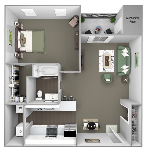 Hampshire Green Apartments - A3 (Huntington) - 1 bedroom - 1 bath - 3D