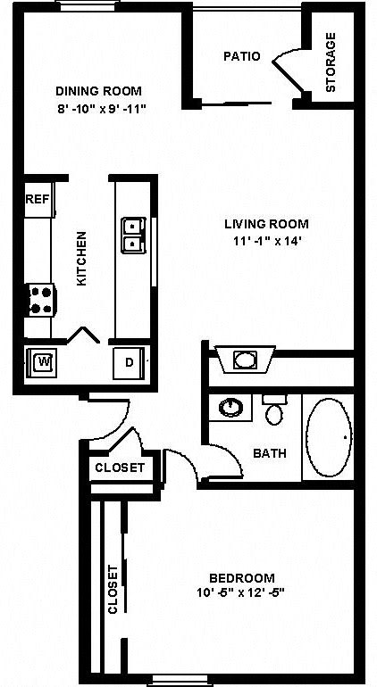 A2 1x1 Floor Plan, Copper Ridge Apartment Homes, 4600 Davis Avenue S