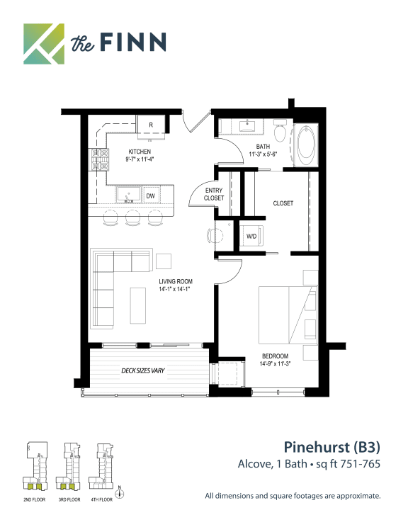 1 bedroom 1 bathroom Floor plan B at The Finn Apartments, St. Paul, MN
