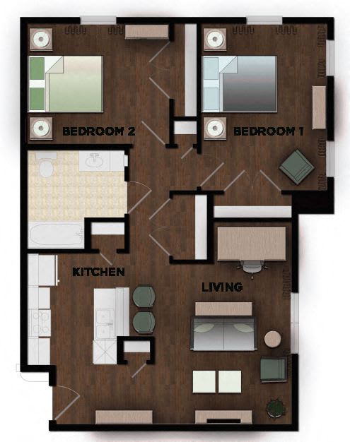 2 Bedroom 1 Bath 3D Floorplan, Wheatley Park Senior Living San Antonio, TX