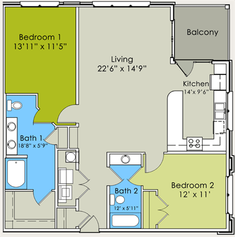 Two Bedroom Two Bathroom Floor Plan at Greenway at Stadium Park, Greensboro