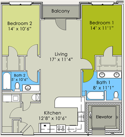 Two Bedroom Two Bathroom Floor Plan at Greenway at Stadium Park, Greensboro, 27401