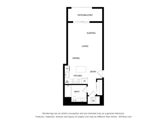 unit 518 Studio Floor Plan at The Mansfield at Miracle Mile, Los Angeles, 90036