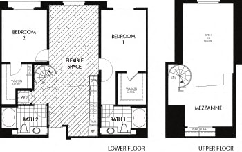 N 1,273 Sq. Ft. Floor plan at Trio Apartments, Pasadena, CA