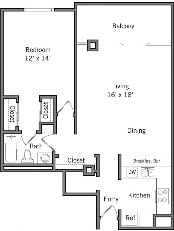 1A - 1 Bedroom 1 Bath Floor Plan Layout - 854 Square Feet
