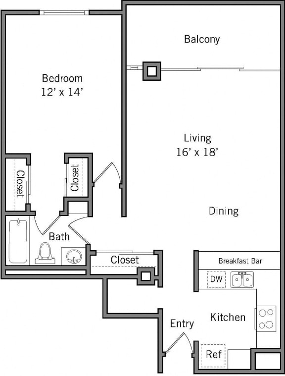 1B - 1 Bedroom 1 Bath Floor Plan Layout - 854 Square Feet