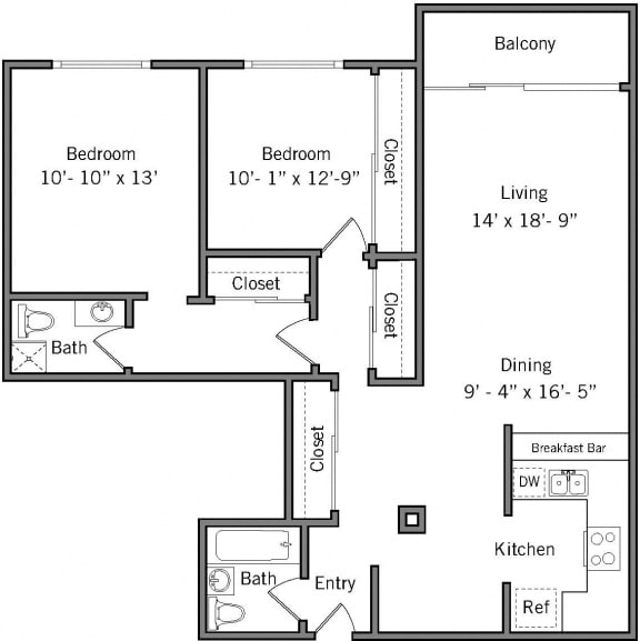 2A - 2 Bedroom 2 Bath Floor Plan Layout - 972 Square Feet