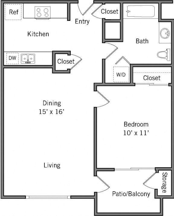 1C - 1 Bedroom 1 Bath Floor Plan Layout - 670 Square Feet