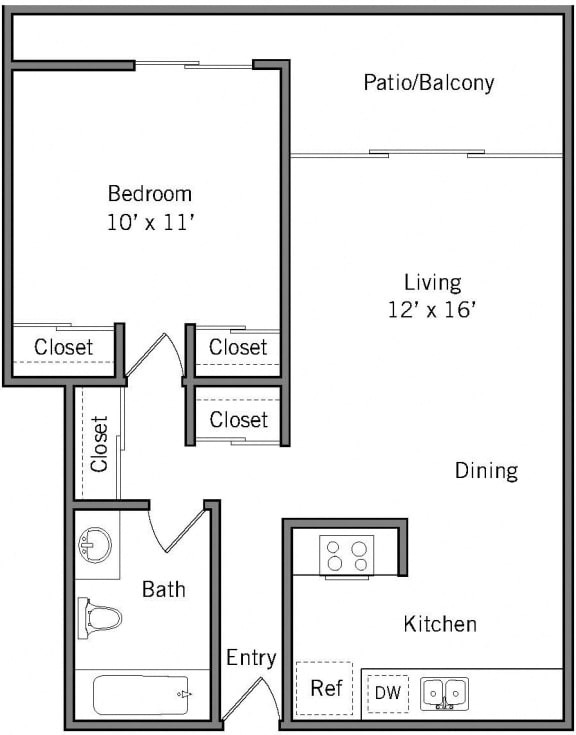 1A - 1 Bedroom 1 Bath Floor Plan Layout - 610 Square Feet
