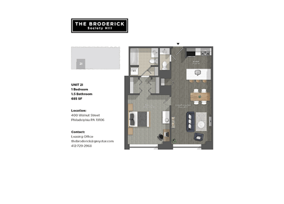 Floor Plan 1 Bed/1.5 Bath 01
