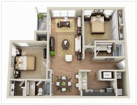 floor plan of a 2 bedroom 2 bath apartment