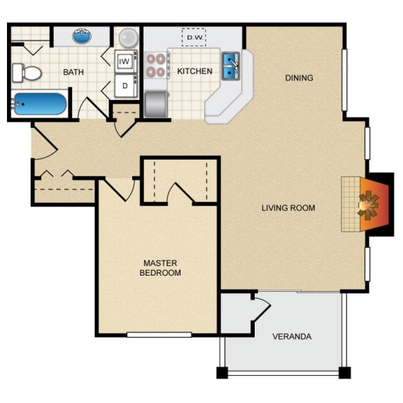 1 Bed 1 Bath Floor Plan at Thorncroft Farms Apartments, Oregon, 97124