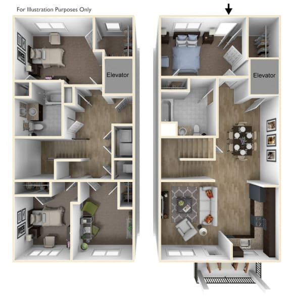 Floor Plan  Towns at Woodfield 4 Bedroom, 2 Bathroom 3D Floor Plan