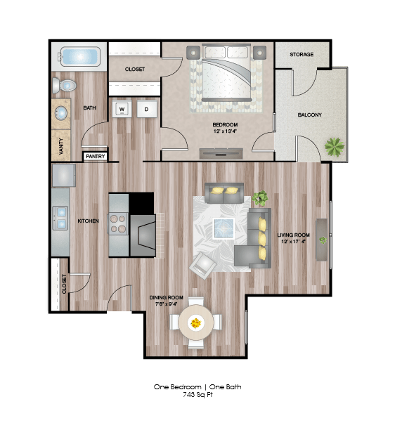 One Bed One Bath Floor Plan at Timberglen Apartments, Dallas, Texas