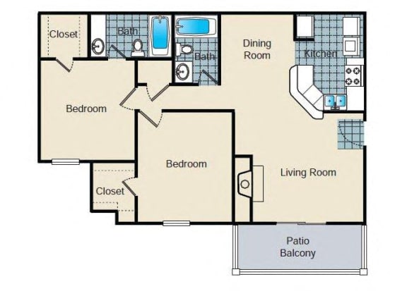 Two Bedroom Floorplan 2 Bedroom 2 Bath 938 Total Sq Ft at Hampton Woods Apartments, Shawnee, KS 66217