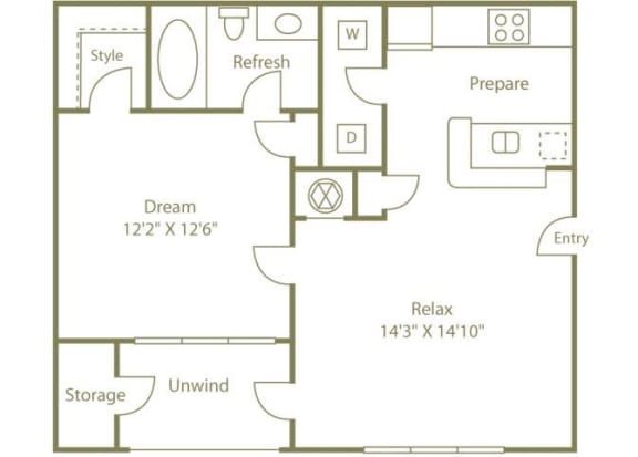 Hiawassee Floorplan 1 Bedroom 1 Bath 660 Total Sq Ft at Sugarloaf Crossing Apartments, Lawrenceville, GA 30046