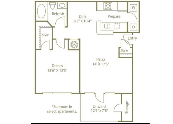 Savannah Floorplan 1 Bedroom 1 Bath 897 Total Sq Ft at Sugarloaf Crossing Apartments, Lawrenceville, GA 30046