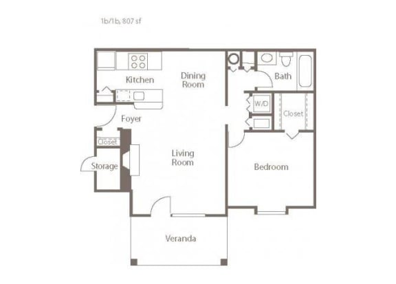 1Bedroom Floorplan 1 Bedroom 1 Bath 807 Total Sq Ft at The Addison at Collierville Apartments, Collierville, TN 38017