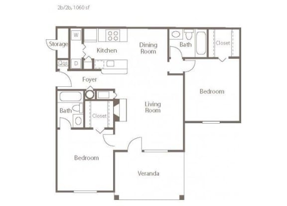 2Bedroom Floorplan 2 Bedroom 2 Bath 1060 Total Sq Ft at The Addison at Collierville Apartments, Collierville, TN 38017