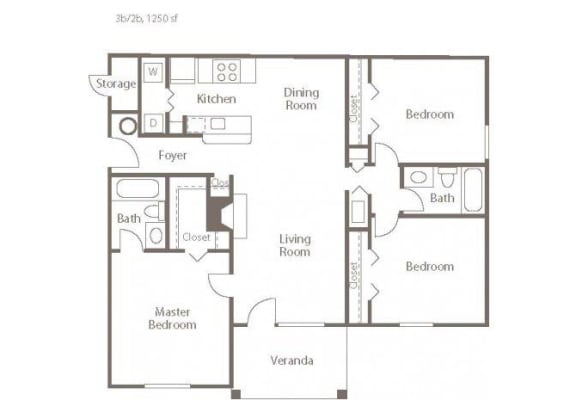 3Bedroom Floorplan 3 Bedroom 2 Bath 1250 Total Sq Ft at The Addison at Collierville Apartments, Collierville, TN 38017