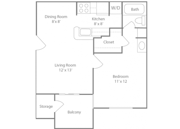 Ascot Floorplan 1 Bedroom 1 Bath 564 Total Sq Ft at The Edge of Germantown Apartments Home, Memphis, TN 38120