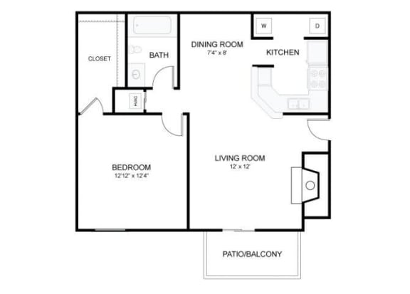 The Abbey Floorplan 1 Bedroom 1 Bath 611 Total Sq Ft at 15Seventy Chesterfield Apartment Homes, Chesterfield, MO 63017