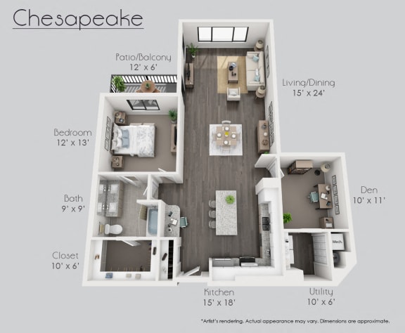 Chesapeake &#x2B; Den Unit Floor Plan