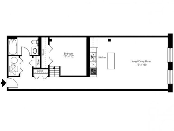 1 bedroom 1 bathroom Floor plan at Carriage House Lofts, Chicago, IL