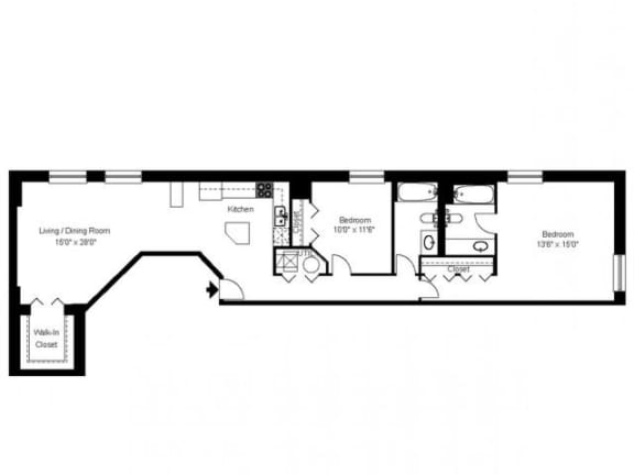 2 bedroom 2 bathroom Floor plan B at Carriage House Lofts, Chicago, 60605