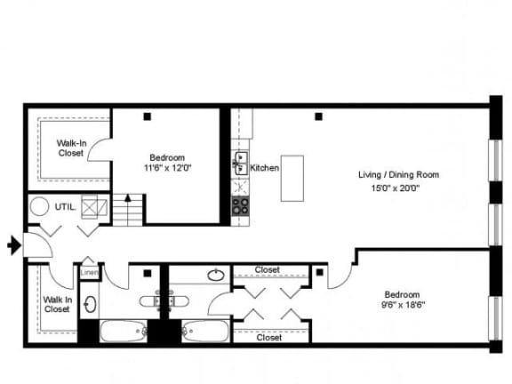 2 bedroom 2 bathroom Floor plan A at Carriage House Lofts, Chicago, Illinois