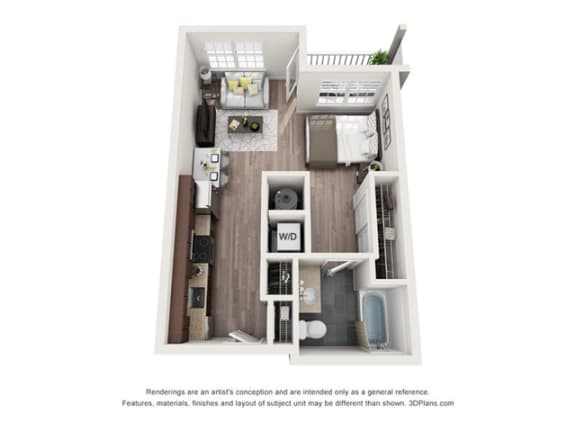 studio apartment in libbie-mill midtown 1 bedroom 1 bathroom floor plan with porch/balcony