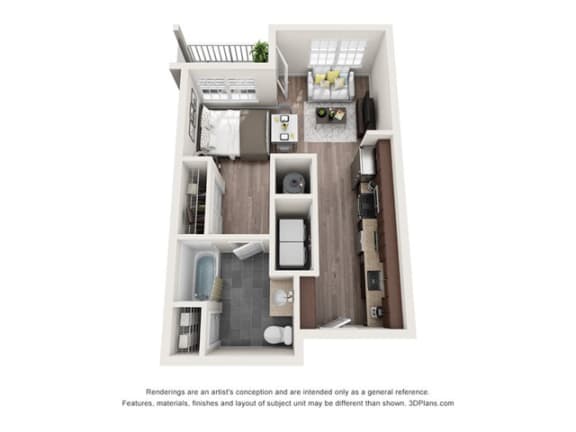 studio apartment 1 bedroom 1 bathroom floor plan with porch/balcony