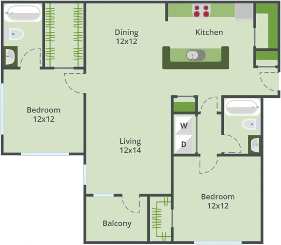 B1 Floorplan 2 Bedroom 2 Bath 1050 Total Sq Ft at Lake Cameron Apartment Homes, Apex, NC 27523
