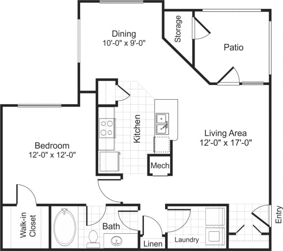 Floor Plan  A1 1 bedroom 1 bathroom floorplan at Falls Pointe at the Park Apartments in Durham, NC